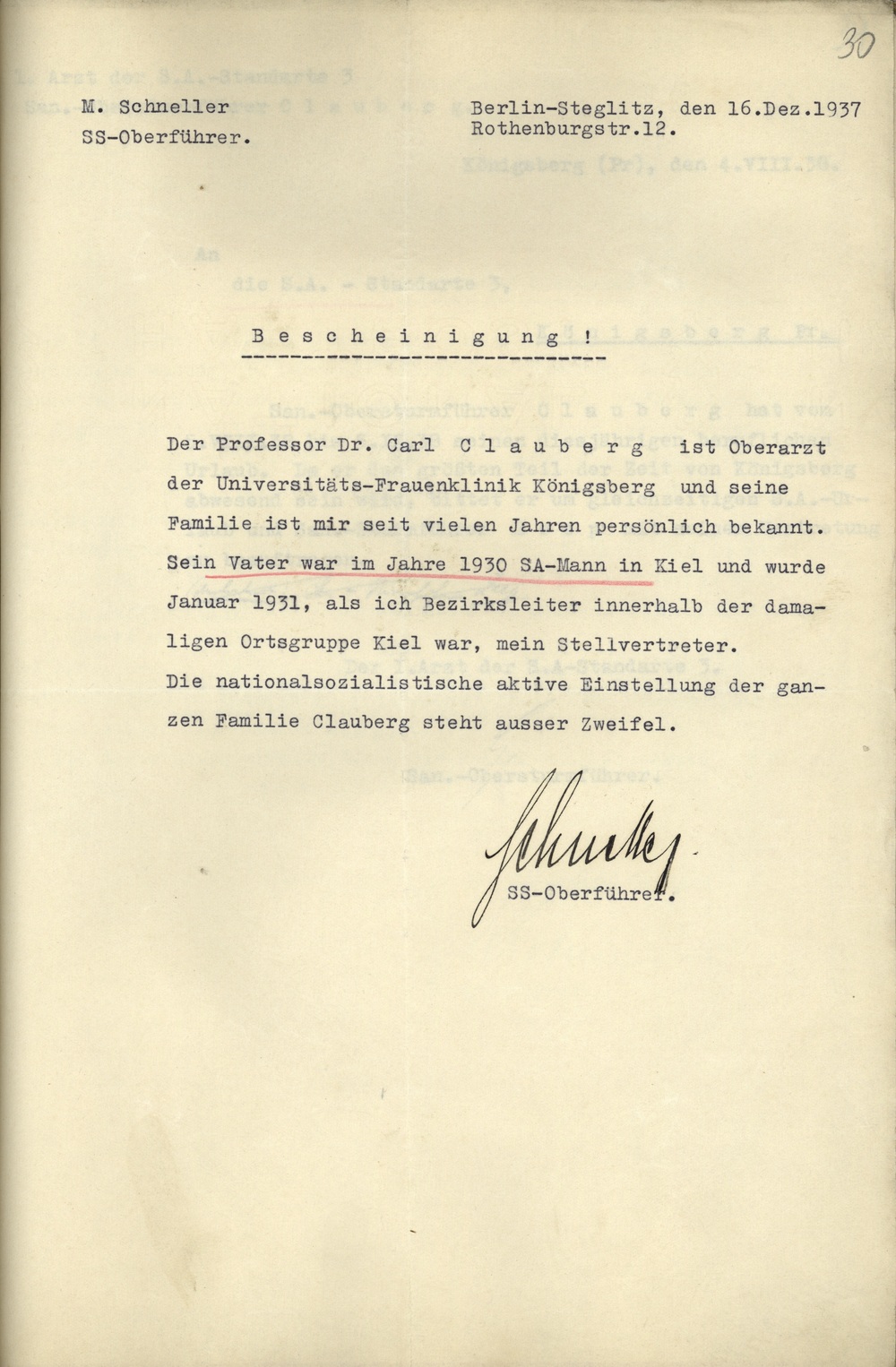 Opinia SS-Oberführera Schnellera na temat rodziny Clauberg z grudnia 1937 r. Według Schnellera aktywna narodowosocjalistyczna postawa całej rodziny nie ulega wątpliwości, zaś ojciec lekarza był od 1930 r. SA-manem w Kilonii i zastępcą Schnellera od 1931 r. (IPN Ka 114/43)