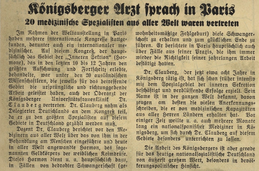 Wycinek z „Preussische Zeitung” z sierpnia 1937 r. z informacją o wystąpieniu Clauberga podczas międzynarodowej konferencji w Paryżu (IPN Ka 114/43)