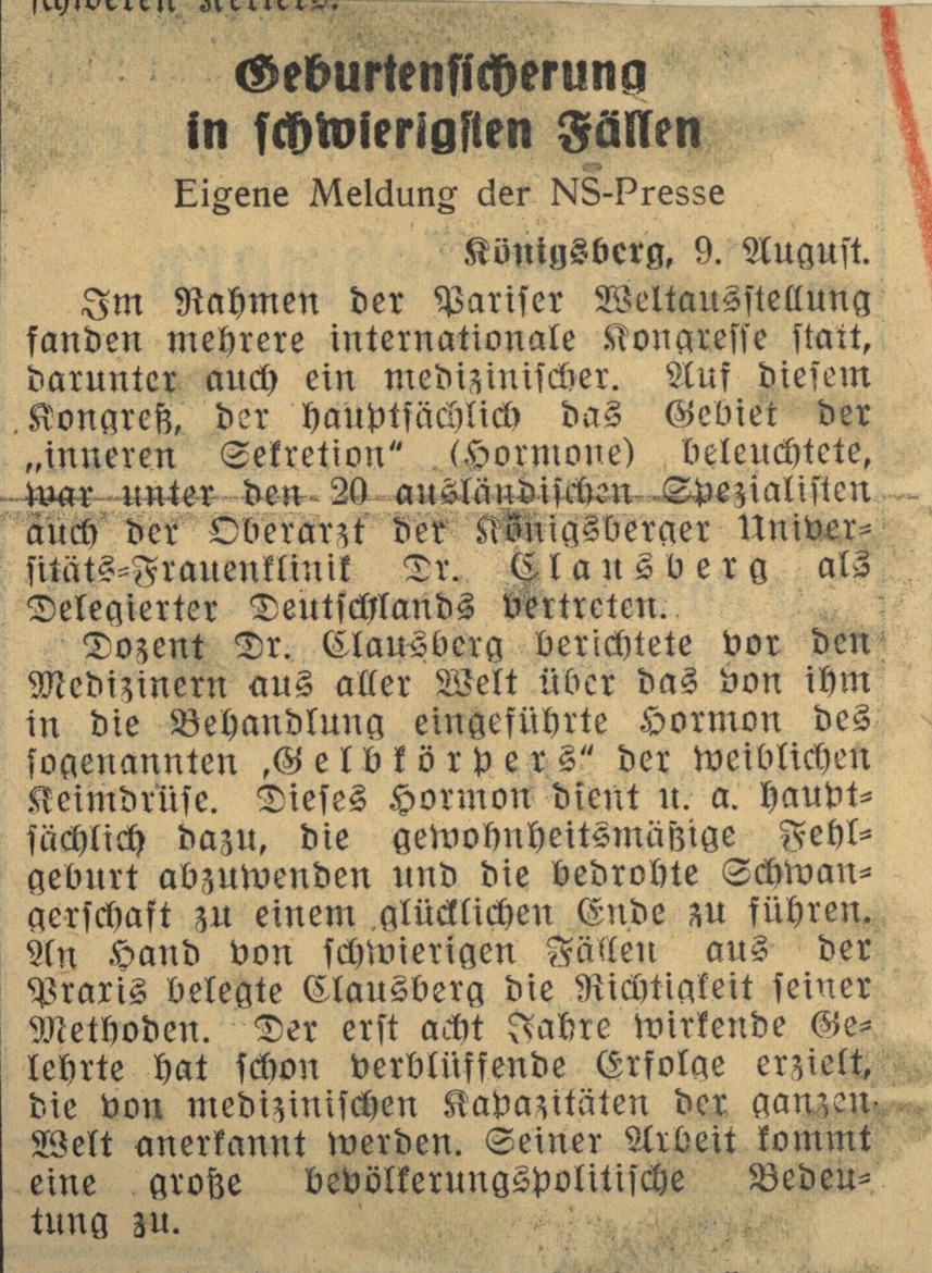 Wycinek z „Niederdeutscher Beobachtung” z sierpnia 1937 r. z informacją o sukcesach Clauberga w dziedzinie badań nad żeńskimi hormonami płciowymi i wystąpieniu w Paryżu (IPN Ka 114/43)