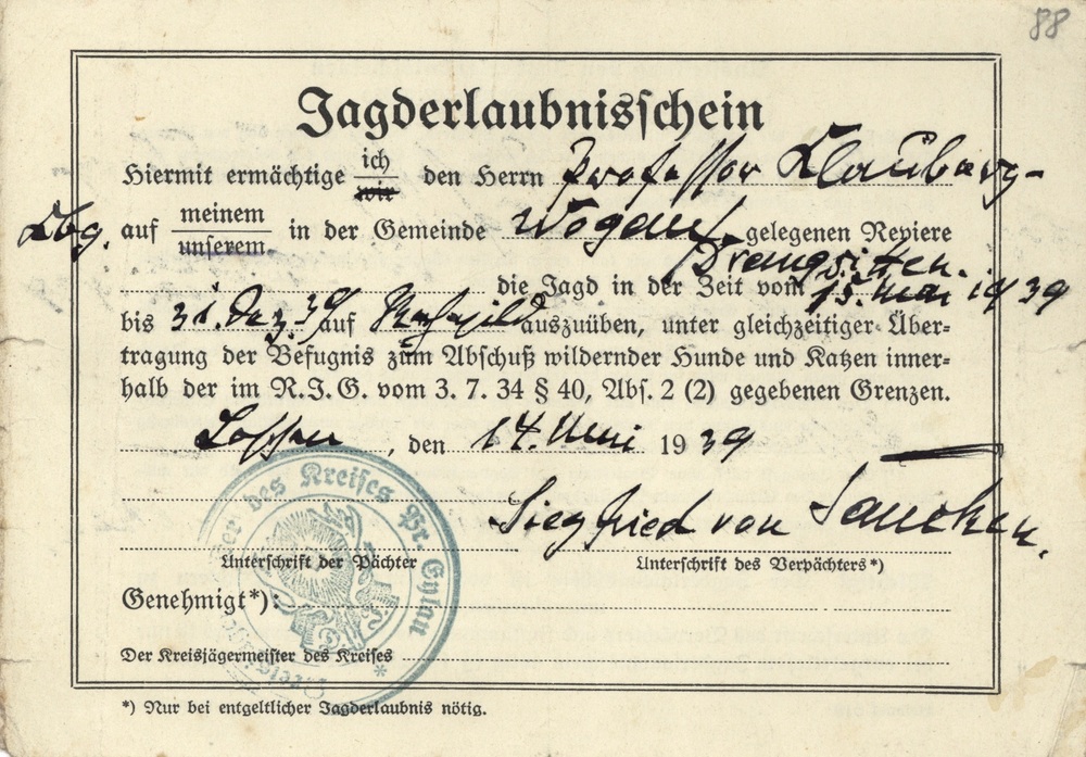 Licencja myśliwska Clauberga, 1939 r. (IPN Ka 114/43)