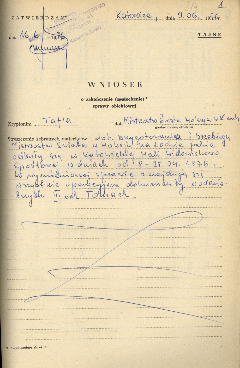 Wniosek o zakończenie sprawy obiektowej „Tafla”, 9 czerwca 1976 r. (IPN Ka 030/124)