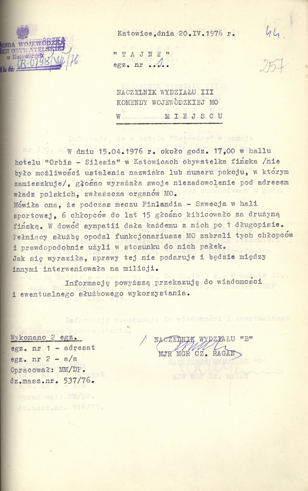 Informacja o zajściu z udziałem m.in. nieznanej Finki i funkcjonariuszy MO podczas meczu Finlandia – Szwecja 15 kwietnia 1976 r. (IPN Ka 030/124)