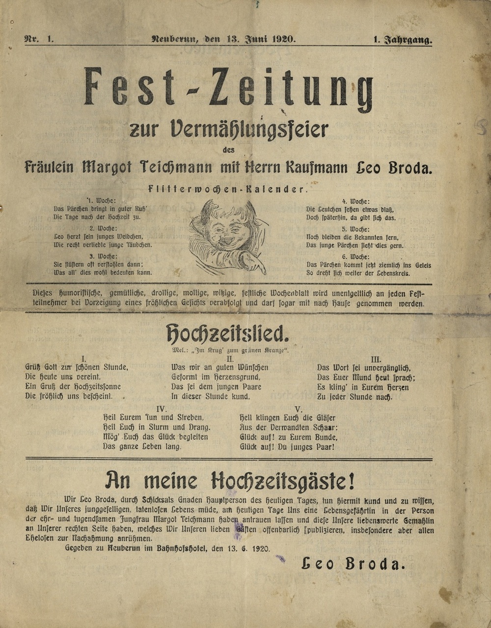 Gazetka okolicznościowa wydana z okazji ślubu Leopolda Brody i Małgorzaty Teichmann, 13 czerwca 1920 r. (IPN Ka 114/303)