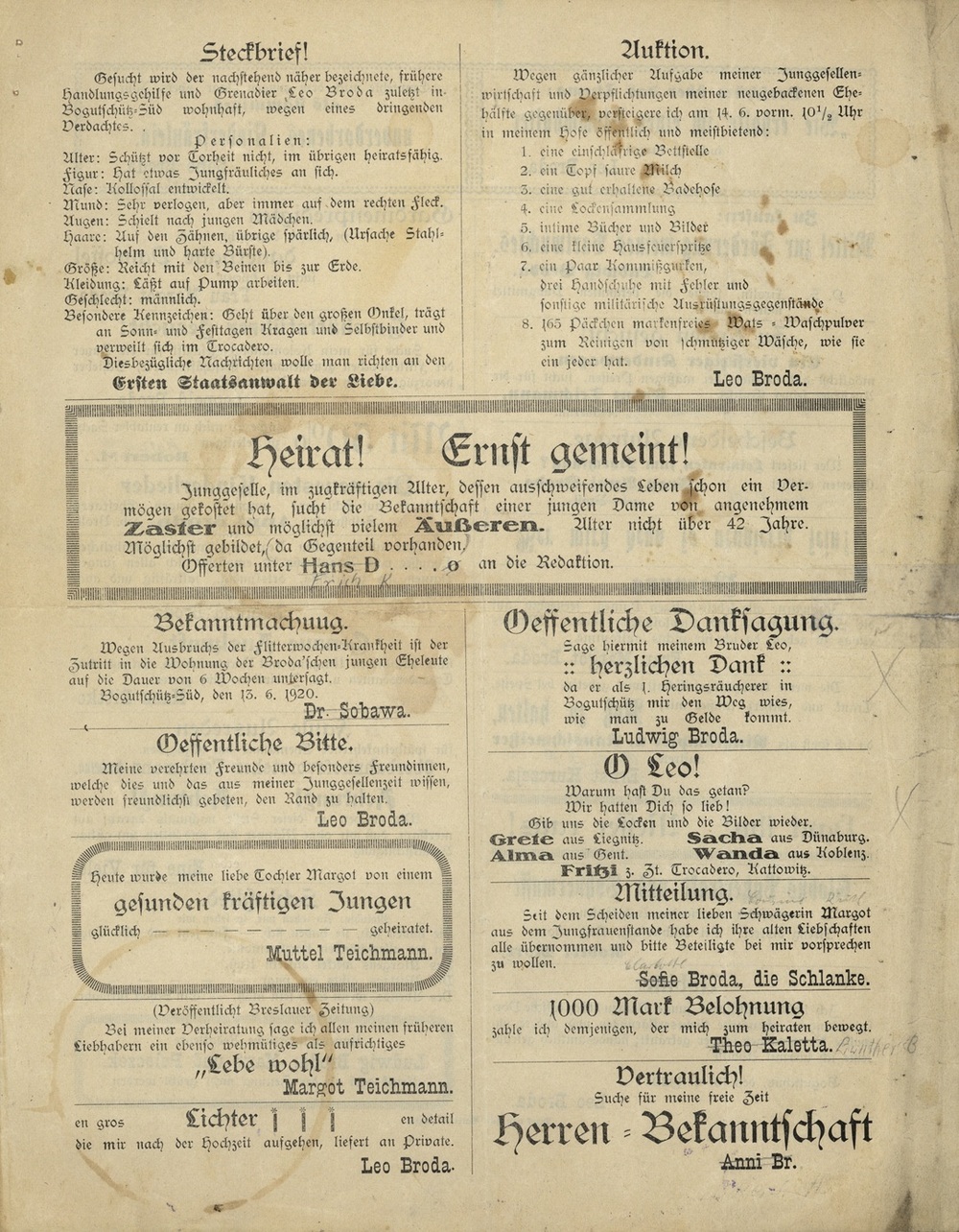Gazetka okolicznościowa wydana z okazji ślubu Leopolda Brody i Małgorzaty Teichmann, 13 czerwca 1920 r. (IPN Ka 114/303)