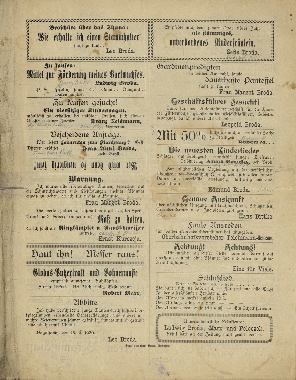 Gazetka okolicznościowa wydana z okazji ślubu Leopolda Brody i Małgorzaty Teichmann, 13 czerwca 1920 r. (IPN Ka 114/303)