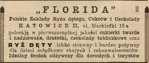 Reklama fabryki „Florida” (Kalendarzyk Policji Województwa Śląskiego 1934, ze zbiorów sbc.org.pl)