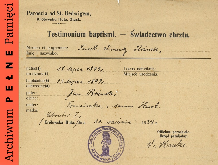 Świadectwo chrztu Pawła Korzucha, sygn. IPN Ka 454/192, t. 2