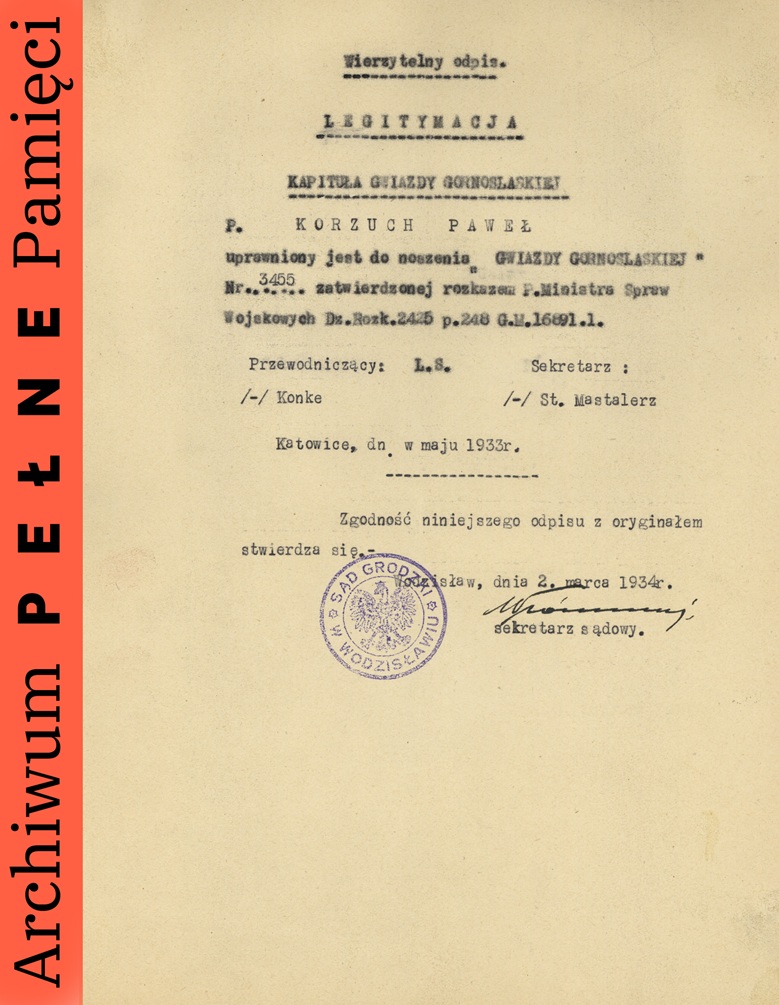 Uwierzytelniony odpis legitymacji Pawła Korzucha, uprawniającej do noszenia odznaczenia „Gwiazda Górnośląska”, Wodzisław, 2 III 1934 r., sygn. IPN Ka 454/192, t. 3
