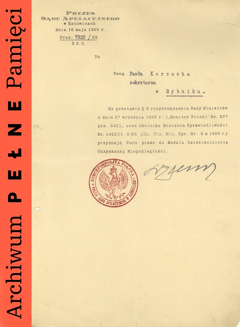 Zaświadczenie dot. przyznania prawa Pawłowi Korzuchowi do Medalu Dziesięciolecia Odzyskanej Niepodległości, Katowice, 16 V 1929 r., sygn. IPN Ka 454/192, t. 5
