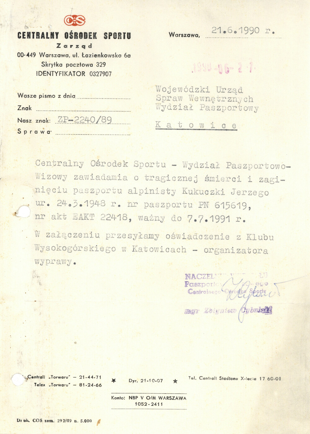 Korespondencja w sprawie zaginięcia paszportu Jerzego Kukuczki w trakcie jego ostatniej wyprawy (IPN Ka 620/22418, t. 2)