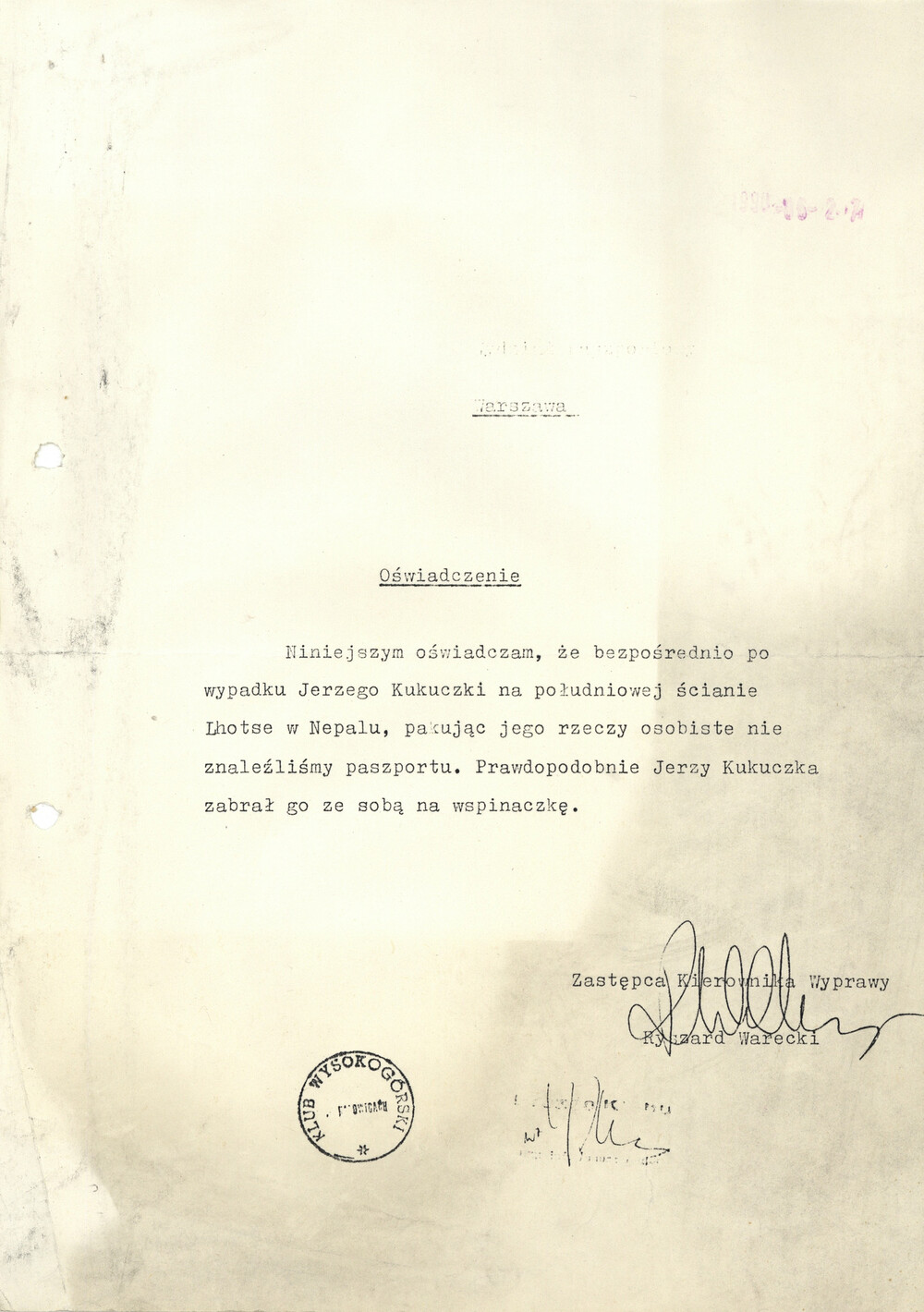 Korespondencja w sprawie zaginięcia paszportu Jerzego Kukuczki w trakcie jego ostatniej wyprawy (IPN Ka 620/22418, t. 2)