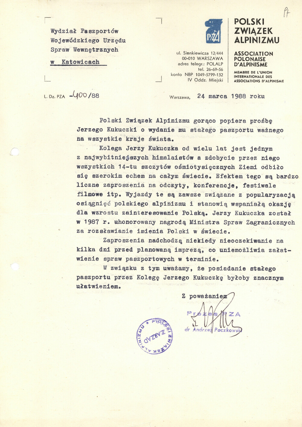 Prośba władz Polskiego Związku Alpinizmu o wydanie Jerzemu Kukuczce paszportu umożliwiającego podróżowanie po całym świecie, marzec 1988 r. (IPN Ka IPN Ka 620/22418, t. 1)