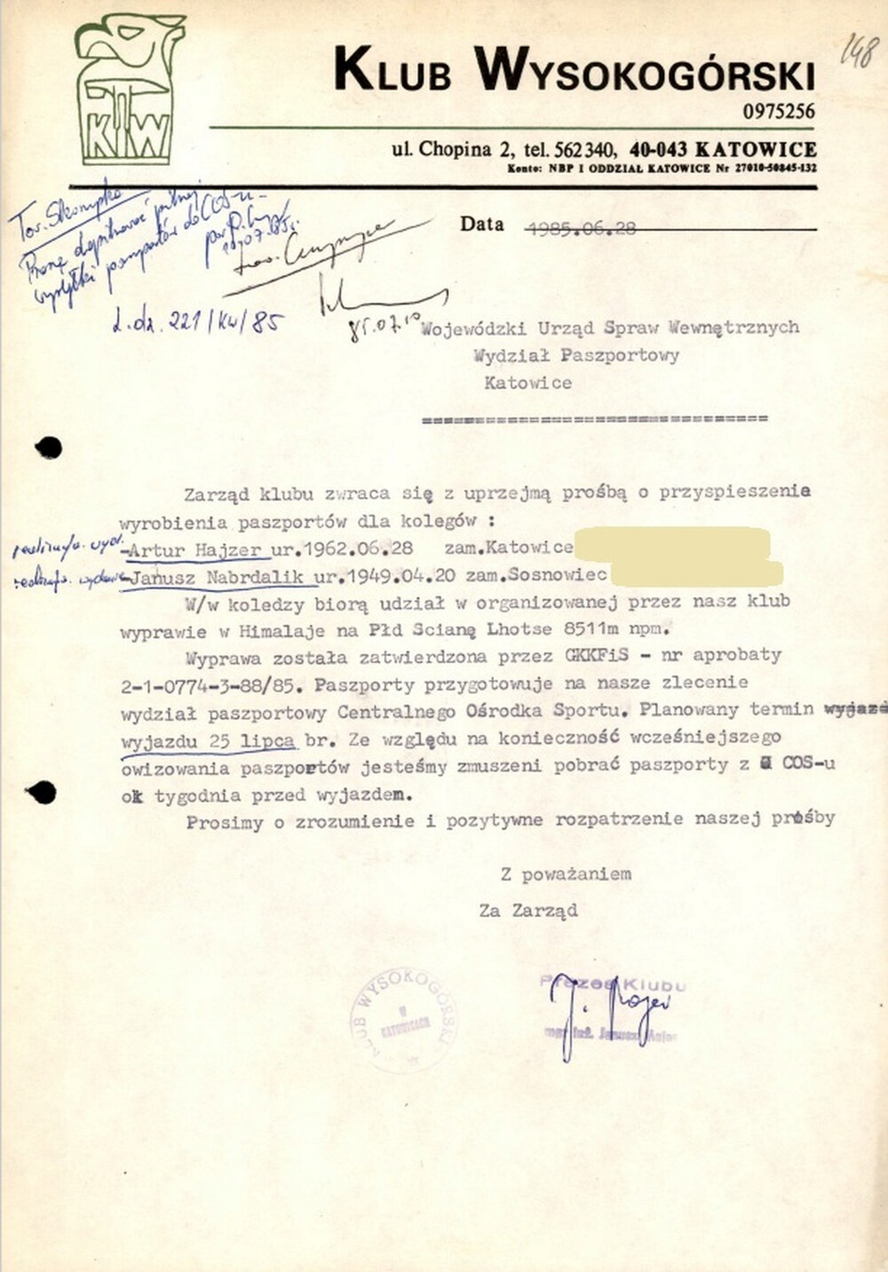 Prośba władz Klubu Wysokogórskiego w Katowicach o przyspieszenie wydania paszportów dla Artura Hajzera i Janusza Nabrdalika, czerwiec 1985 r. (IPN Ka 620/54645, t. 2)