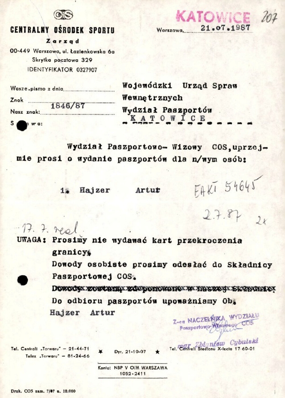 Prośba władz Centralnego Ośrodka Sportu o wydanie paszportu dla Artura Hajzera, lipiec 1987 r. (IPN Ka 620/54645, t. 2)