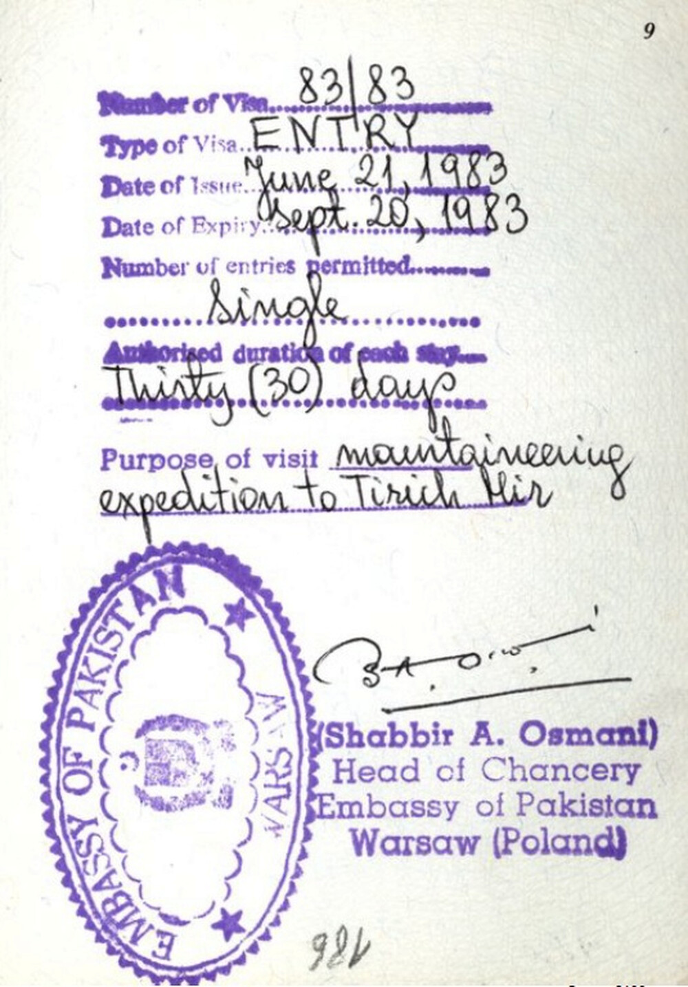 Wiza pakistańska na wyprawę na Tiricz Mir, drugą himalajską wyprawę Artura Hajzera, 1983 r. (IPN Ka 620/54645, t. 2)