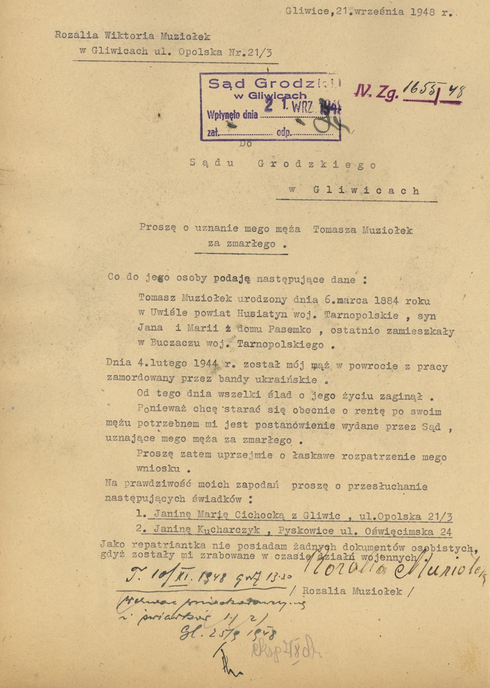 Prośba Rozalii Muziołek o uznanie za zmarłego jej męża Tomasza, zamordowanego w lutym 1944 r. w okolicy Buczacza (IPN Ka 990/3644)