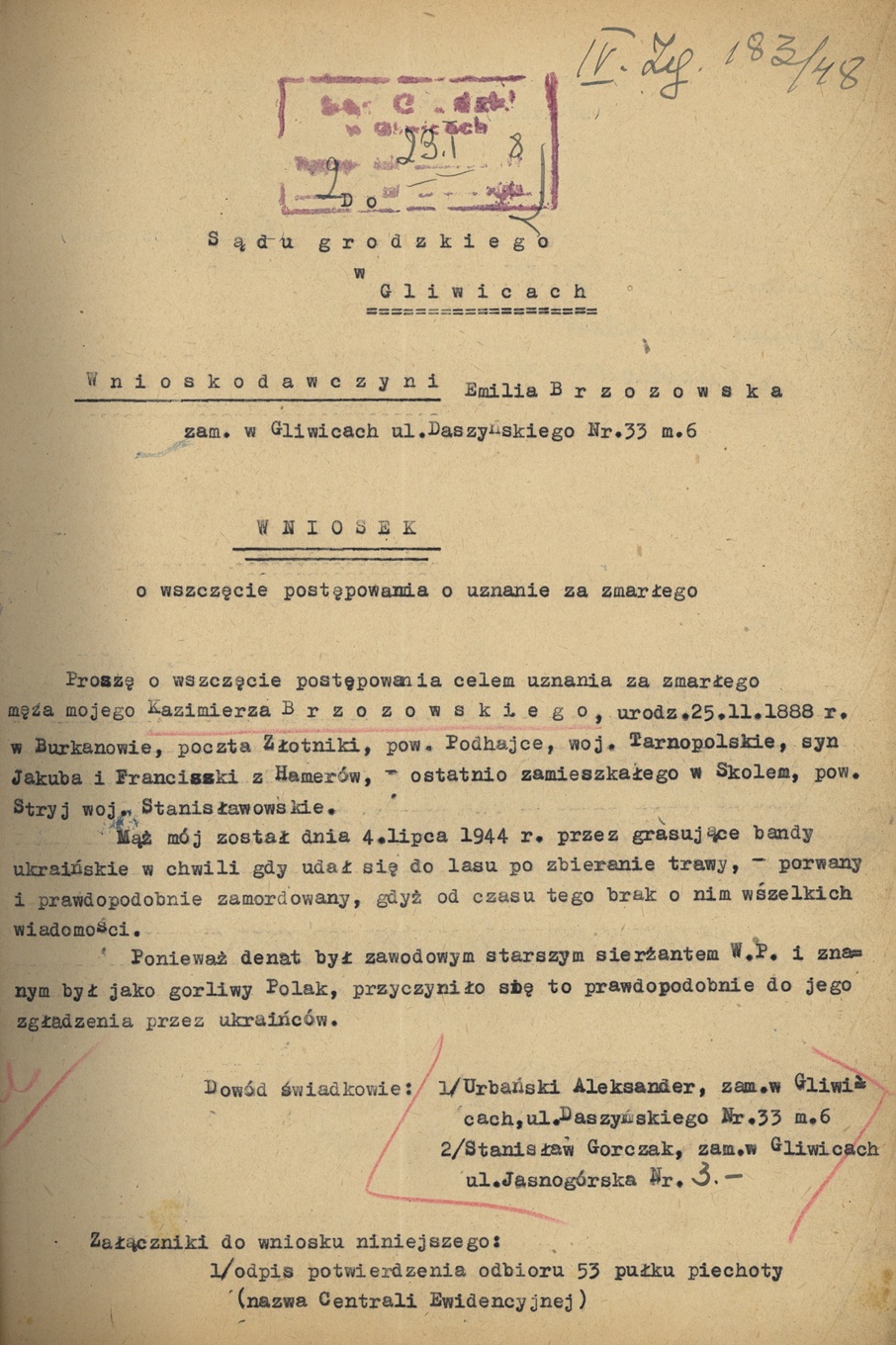 Prośba Emilii Brzozowskiej o uznanie za zmarłego jej męża Kazimierza, zamordowanego w Skolem w lipcu 1944 r. podczas codziennego zbierania trawy w lesie (IPN Ka 990/2567)