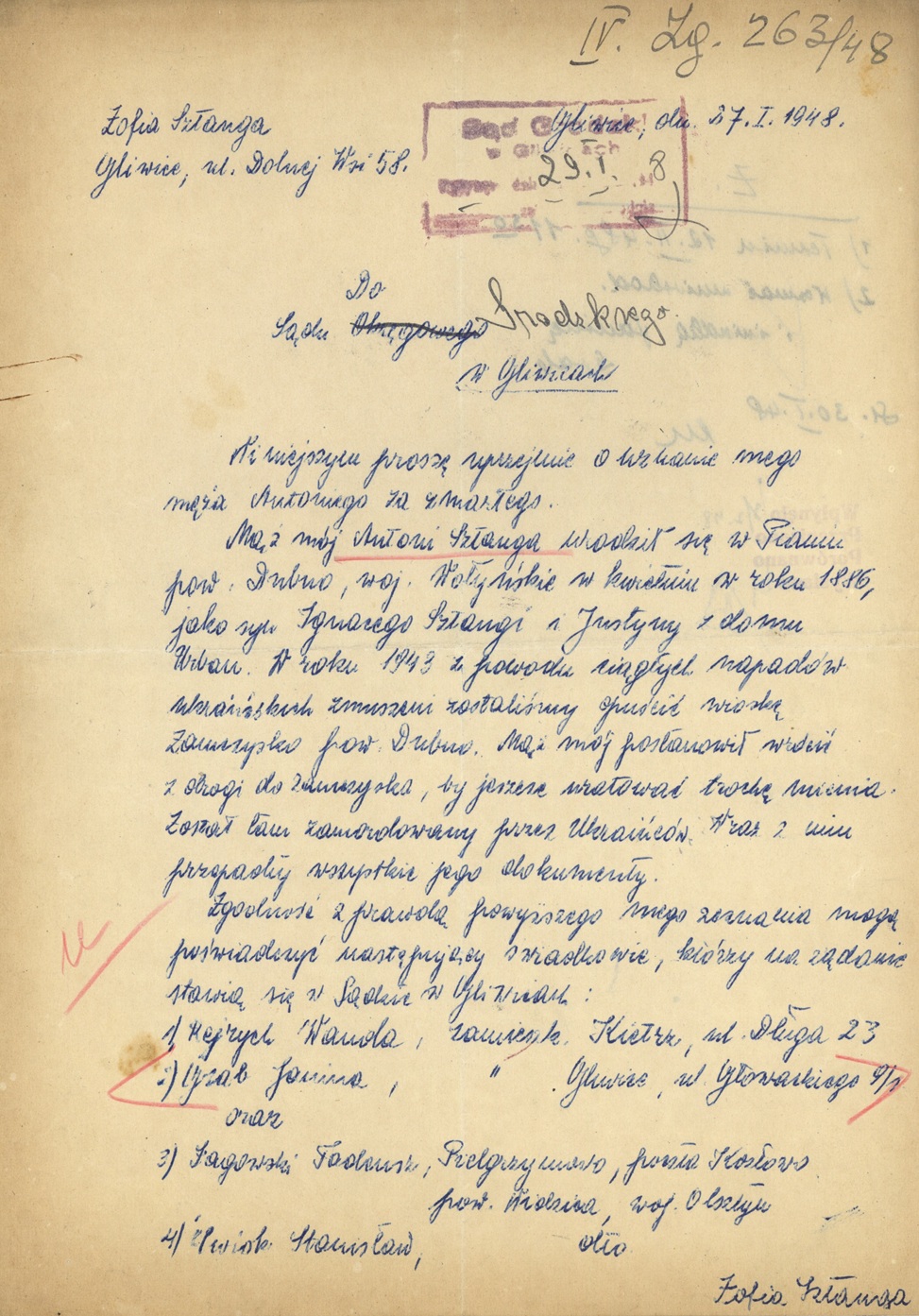 Prośba Zofii Sztangi o uznanie za zmarłego jej męża Antoniego, zamordowanego w okolicach Zamczyska w 1943 r. podczas próby ocalenia części dobytku (IPN Ka 990/2640)