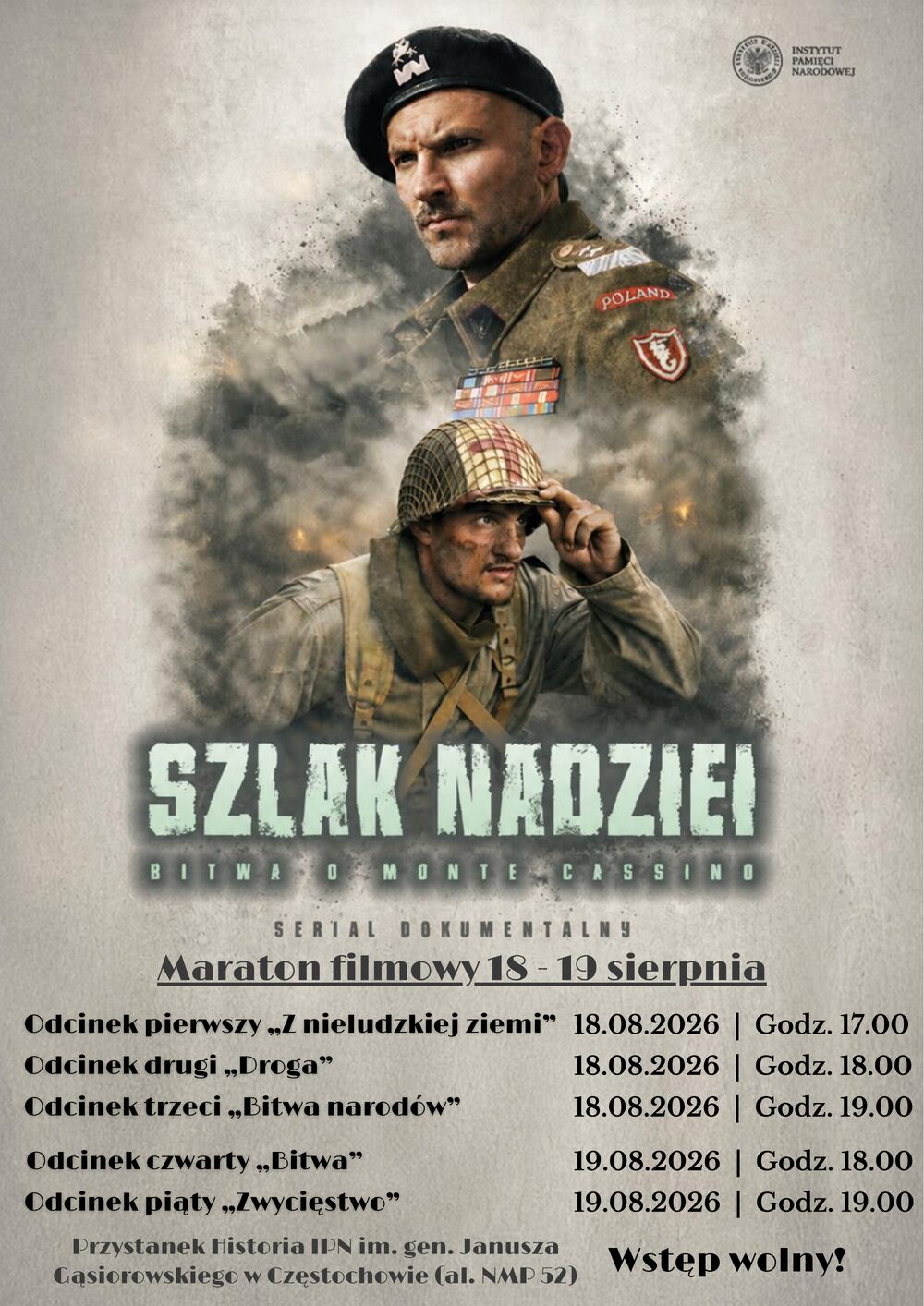 Maraton filmowy z serialem „Szlak nadziei. Bitwa o Monte Cassino” – Częstochowa, 18-19 sierpnia 2026