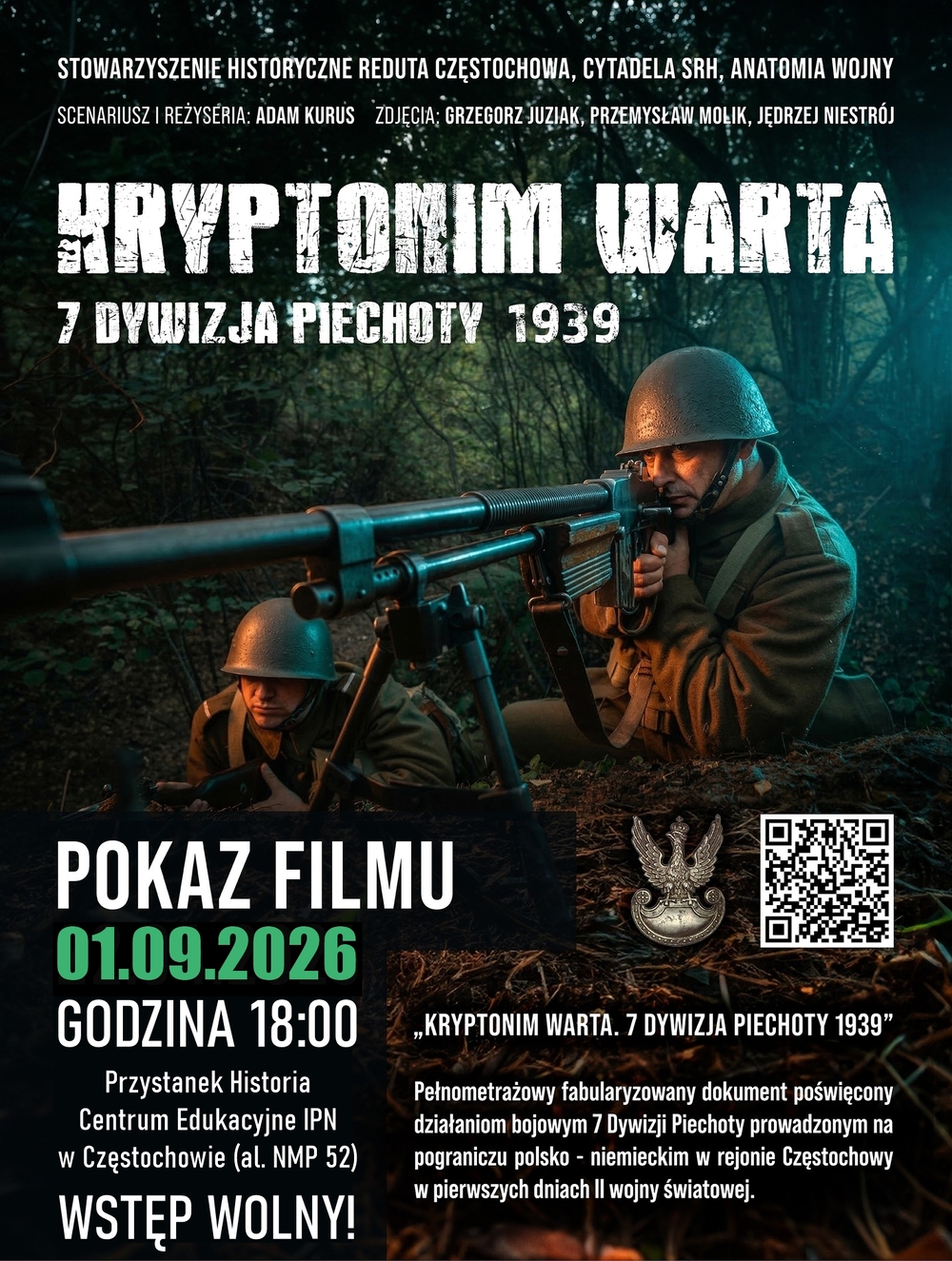 Pokaz filmu dokumentalnego „Kryptonim Warta. 7 Dywizja Piechoty 1939” – Częstochowa, 1 września 2026