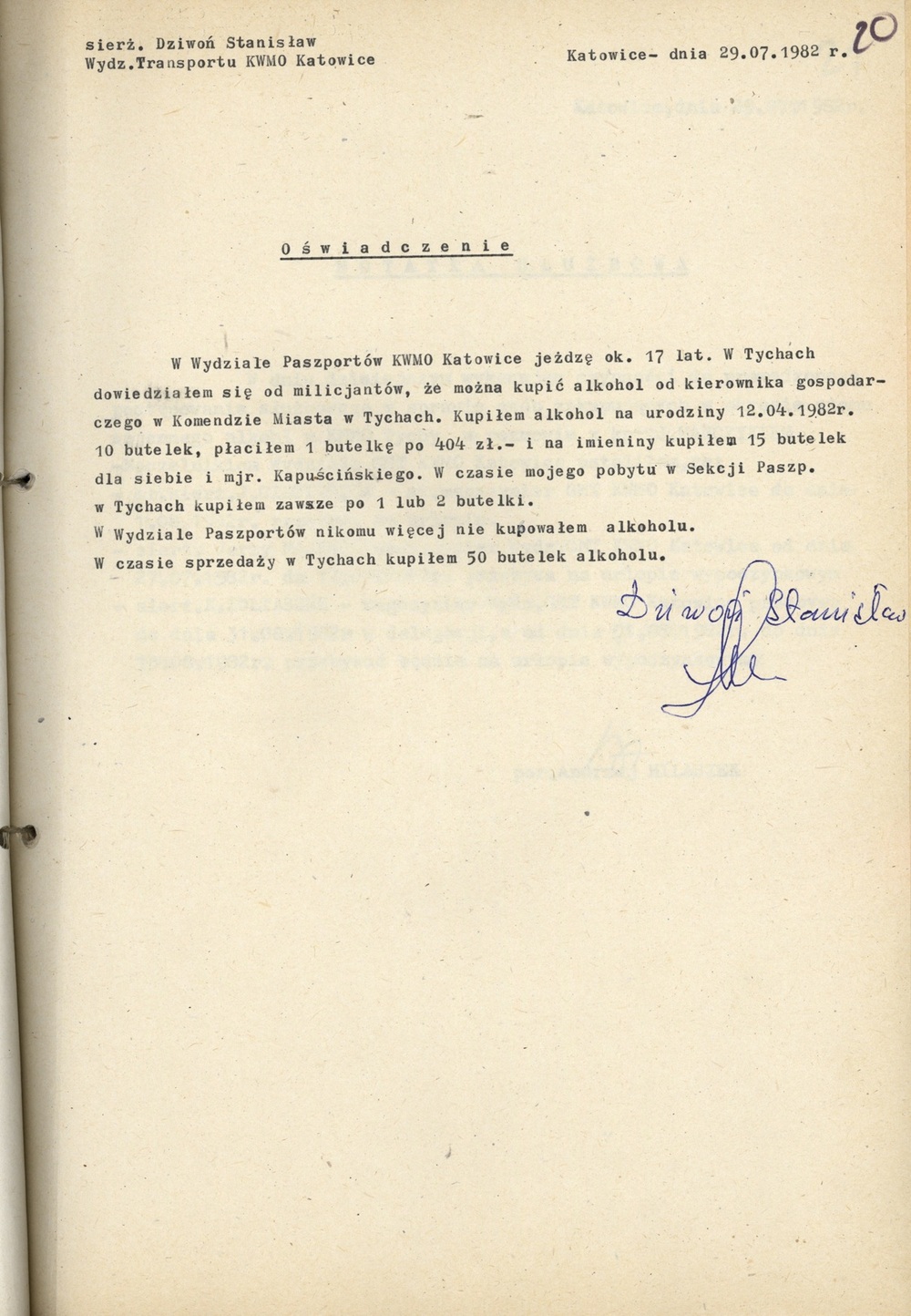 Oświadczenie innego kierowcy z Wydz. Paszportów, nieco sprzeczne z zeznaniami J. Janko (IPN Ka 889/9)