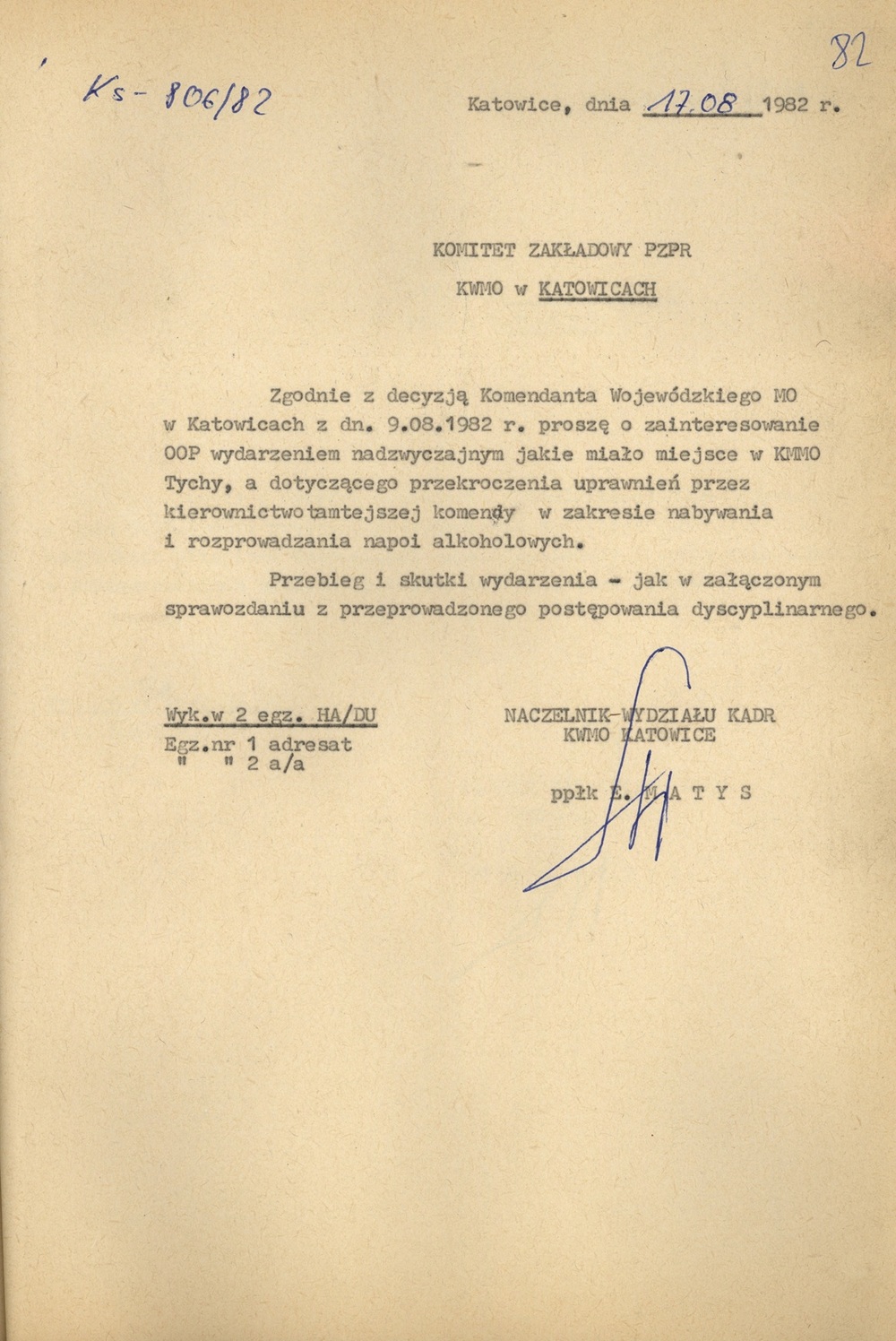 Pismo naczelnika Wydz. Kadr do Komitetu Zakładowego PZPR KW MO w Katowicach w sprawie sytuacji w KM MO w Tychach, 17 VIII 1982 r. (IPN Ka 889/8)
