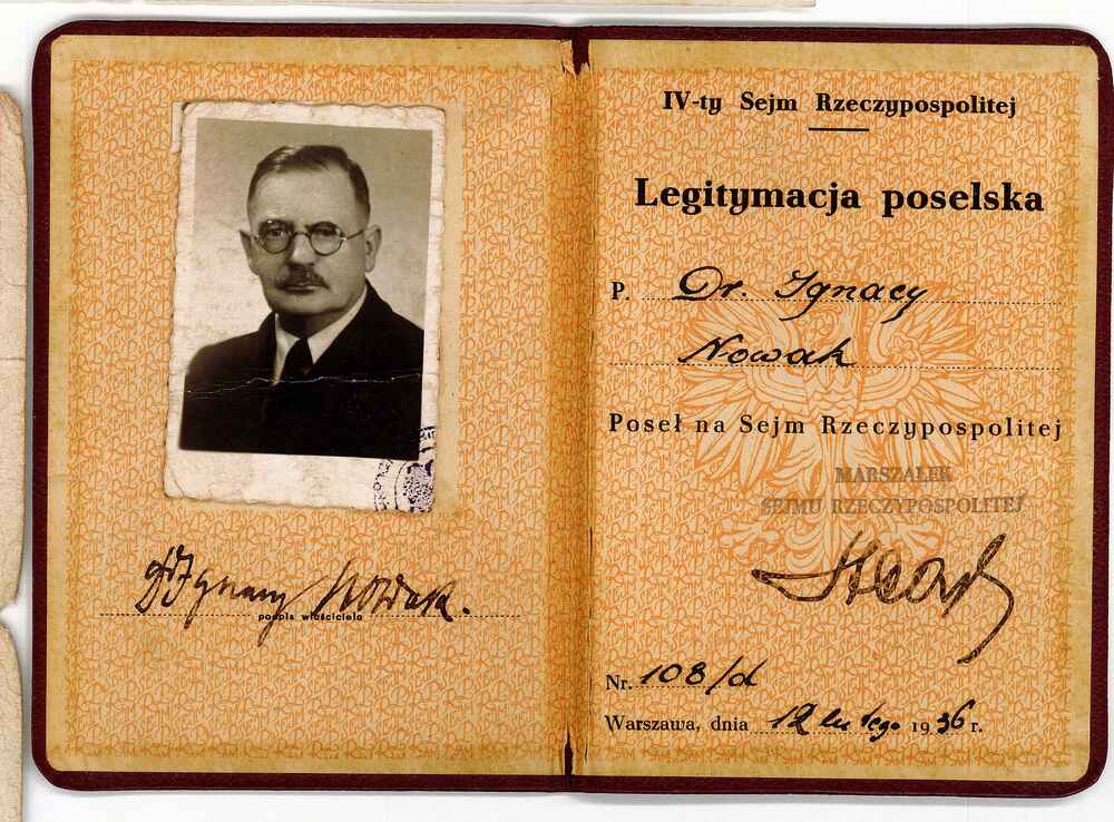 Legitymacja poselska dr. Ignacego Nowaka.