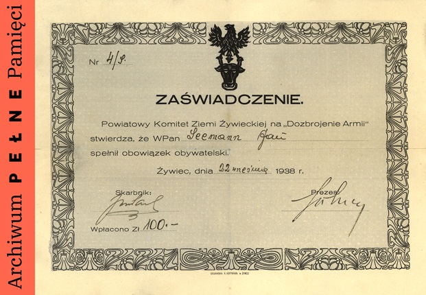 Zaświadczenie z 1938 r. o wpłaceniu 100 zł. przez Jana Seemanna na uzbrojenie Wojska Polskiego, IPN Ka 1106/4