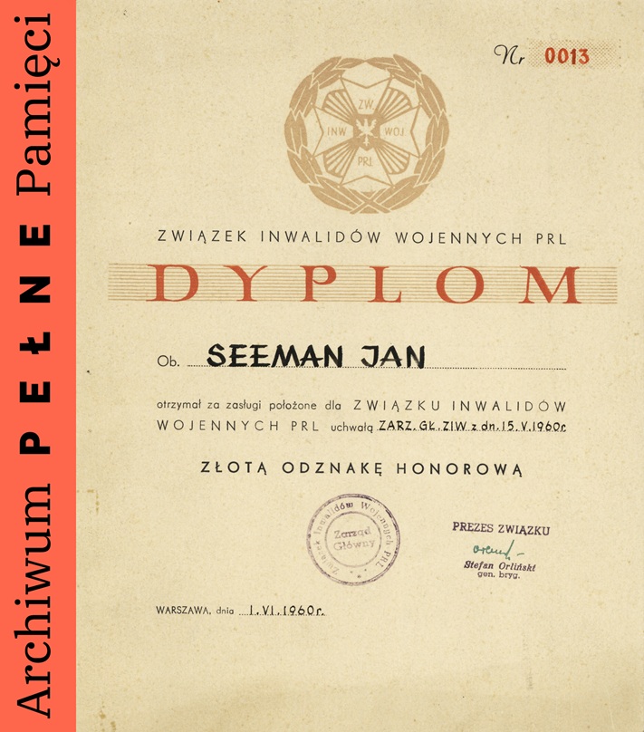 Dyplom z 1960 r. dot. przyznania Janowi Seemannowi Złotej Odznaki Honorowej przez Związek Inwalidów Wojennych PRL, IPN Ka 1106/4