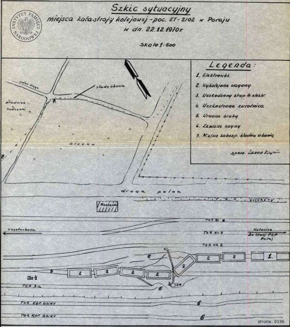 Szkic sytuacyjny dot. katastrofy w Poraju, grudzień 1970 r. (IPN Ka 029/231, t. 1)