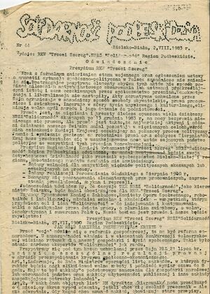 „Solidarność Podbeskidzia” nr 44 z 2 VIII 1983 r. z oświadczeniem RKW „Trzeci Szereg” w sprawie zniesienia stanu wojennego.