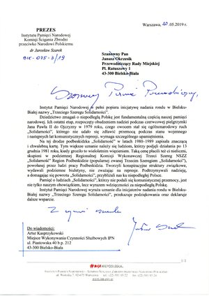 List Prezesa IPN dr. Jarosława Szarka.