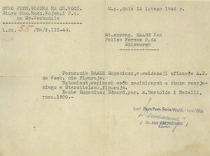Informacja o pobycie Eugeniusza Raabe w obozie w Starobielsku, luty 1946 r.