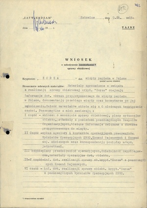 Wniosek Zastępcy Naczelnika Wydz. IV SB KWMO, mjr. Edmunda Perka, w Katowicach o zakończenie sprawy obiektowej kryptonim „Zorza” z 9 VIII 1983 r. (AIPN Ka 030/177, t. 1, k. 472–472v).