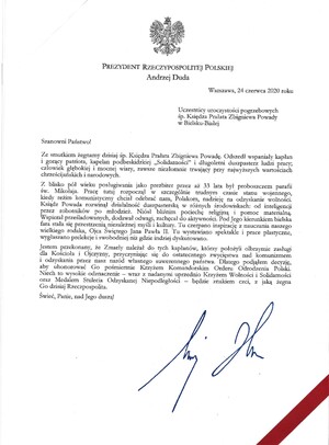 List Prezydenta RP Andrzeja Dudy.
