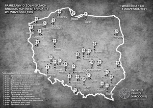 Mapa miejsc pamięci o żołnierzach broniących Westerplatte.
