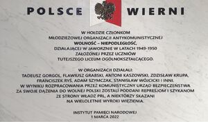 Tablica poświęcona młodzieżowej organizacji antykomunistycznej „Wolność-Niepodległość“ w Jaworznie.