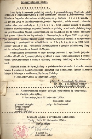 Zaświadczenie wystawione w 1936 r. dla uczestnika walk z Czechami w 1919 r. i powstańca w III Powstaniu Śląskim (IPN Ka 0151/76).