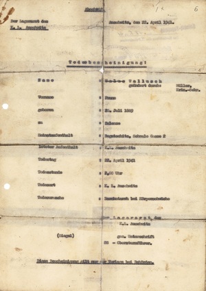 Zaświadczenie o śmierci więźnia w KL Auschwitz, 1941 r. Sygn akt  IPN Ka 85/1991