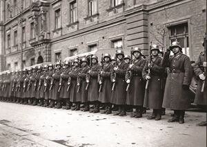 Policjanci w czasie uroczystości w Krakowie, na Placu Matejki. Kompania 7 (G) Rezerwy Policji Państwowej. Fot. NAC.