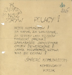 Ulotka kolportowana przez Samodzielną Grupę NSZ na terenie Osiecznicy w powiecie Bolesławiec
na przełomie 1948 i 1949 r.,sygn. akt IPN Ka 04/ 3644.
