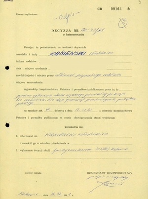 Decyzja o internowaniu z 24 grudnia 1981 r., IPN Ka 043/35.