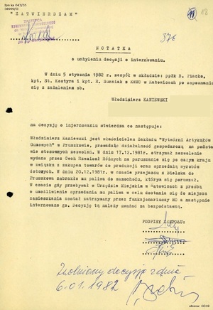 Notatka o uchyleniu decyzji o internowaniu z 5 stycznia 1982 r., IPN Ka 043/35.