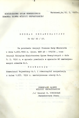 Rozkaz organizacyjny komendanta głównego MO z 12 stycznia 1957 r. powołujący ZOMO przy komendach wojewódzkich MO.
