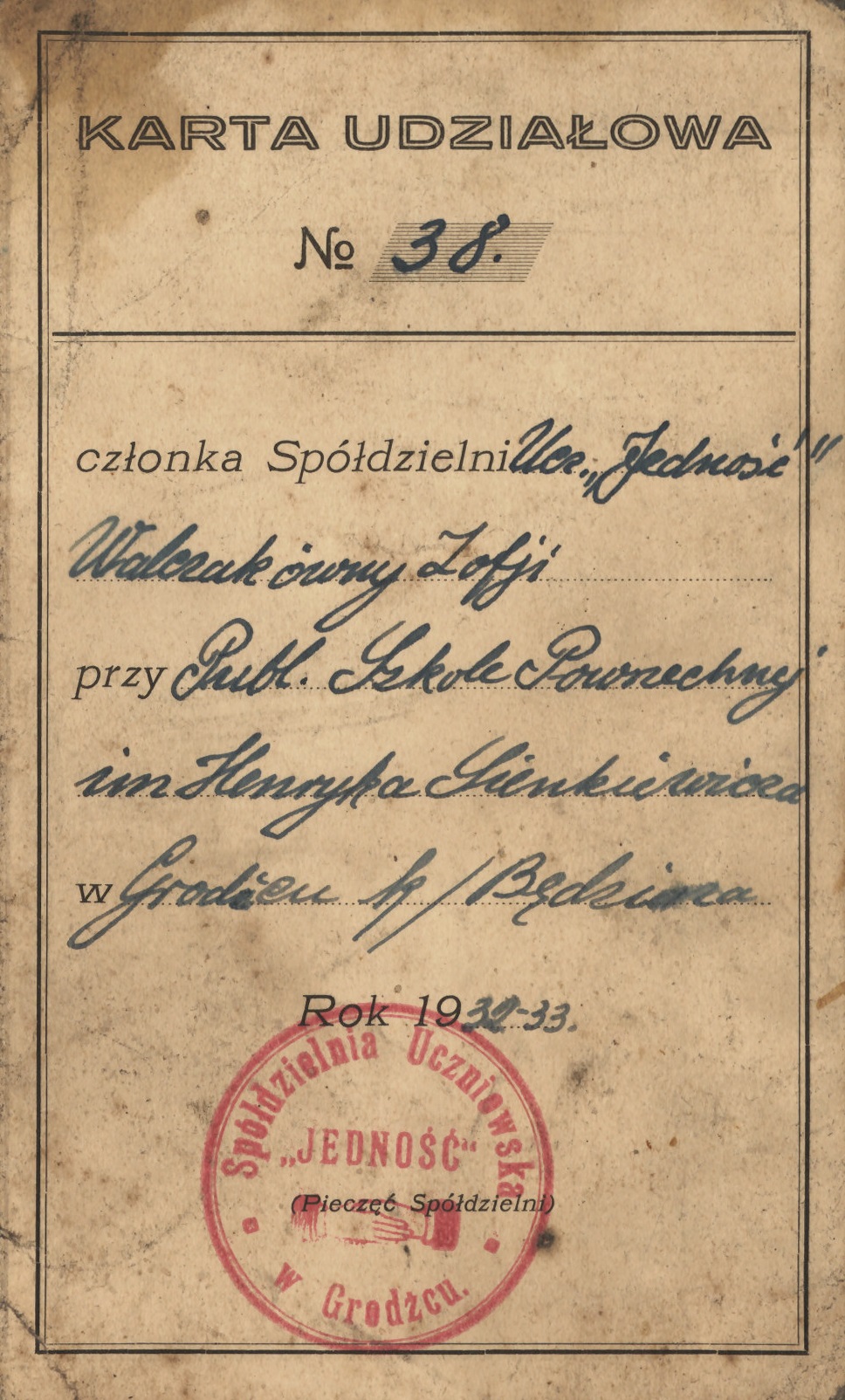 Karta udziałowa Spółdzielni Uczniowskiej „Jedność” w Grodźcu dla Zofii Walczak, rok 1932/1933, IPN Ka 1025/6