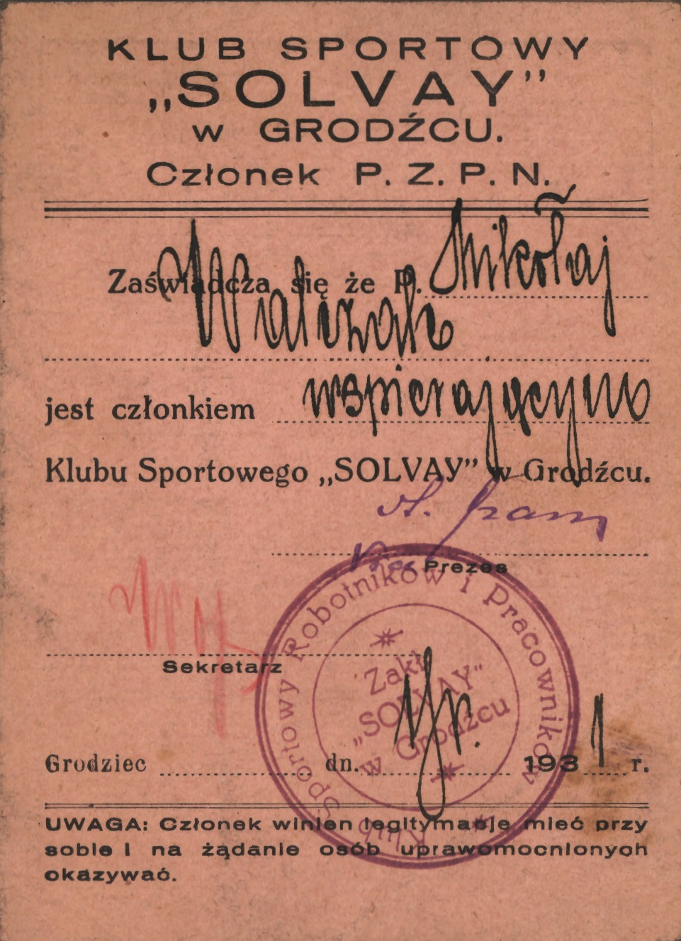 Legitymacja Klubu Sportowego „Solvay” w Grodźcu dla Mikołaja Walczaka, 1931 r., IPN Ka 1025/6