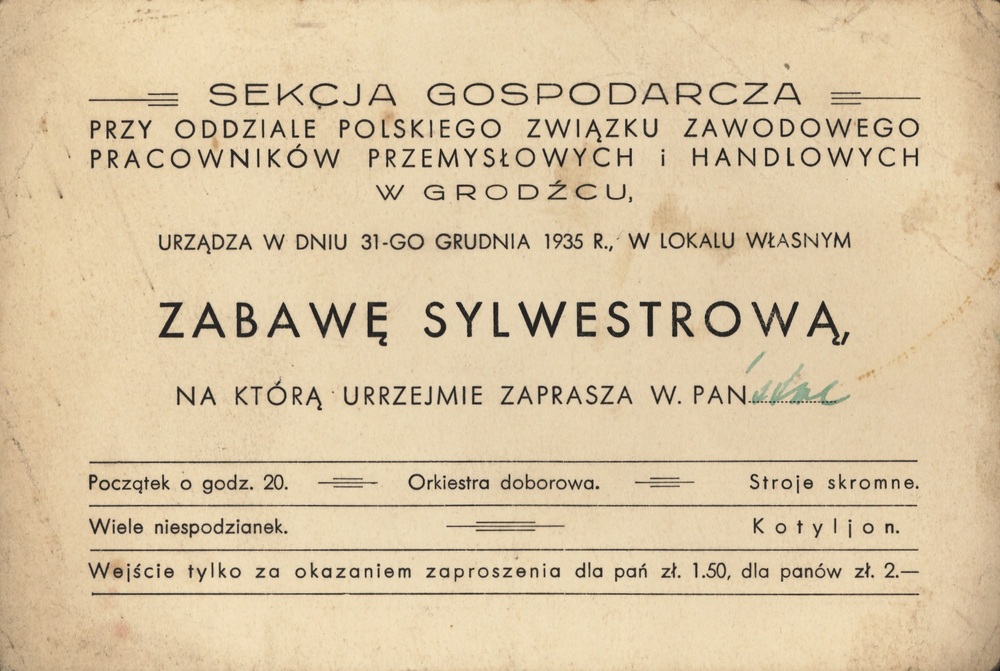Zaproszenie na zabawę sylwestrową, 31 XII 1935 r.
