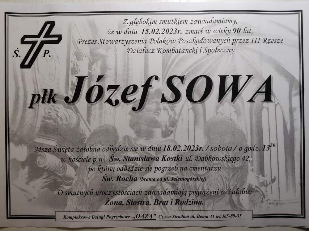 Zmarł Józef Sowa, prezes Stowarzyszenia Polaków Poszkodowanych przez III Rzeszę.