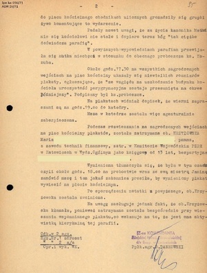 Meldunek SB z KM MO w Katowicach z 21 lutego 1967 r. w sprawie uszkodzenia kościoła przy ul. Mikołowskiej i odwołania uroczystości peregrynacyjnych. Strona 2 z 2.
