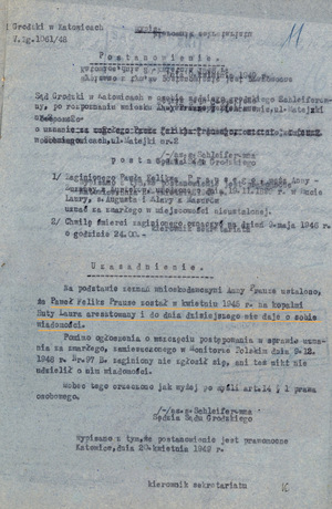 Postanowienie Sądu Grodzkiego w Katowicach z 9 kwietnia 1949 r., uznające Pawła Prause za zmarłego, IPN Ka 85/941